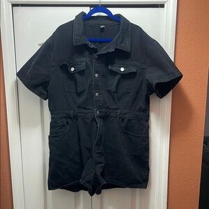 SHEIN Black Denim shorts Jumpsuit with Collared Neckline